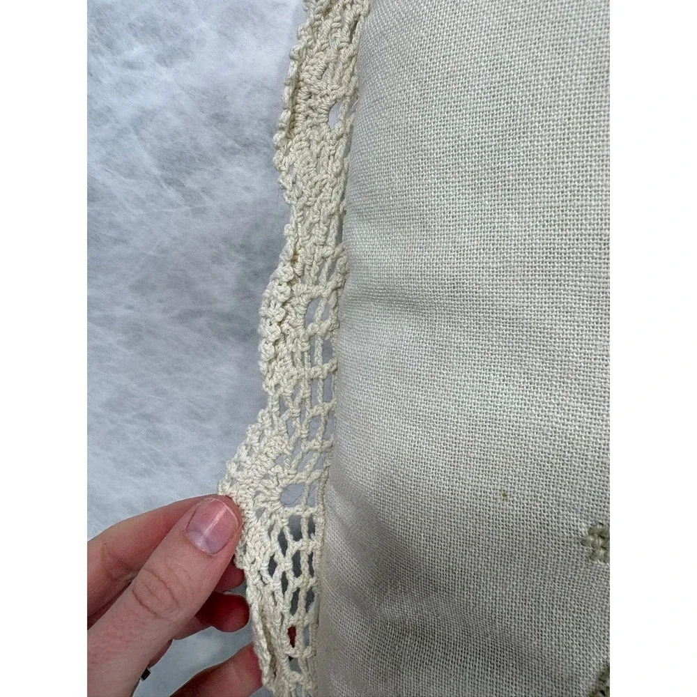 Vintage Cross Stitch Fruit Wreath Throw Pillow Lace Trim Cottagecore Cream 16x16